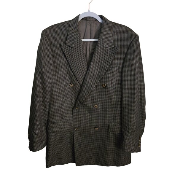 Hickey Freeman Silk Wool Blend Double-Breasted Brown Check Blazer Size 40R - Picture 1 of 6